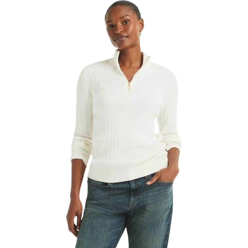 Nautica Women Ivory Cotton Textured Knit Quarter-Zip Mock Neck Sweater Size S
